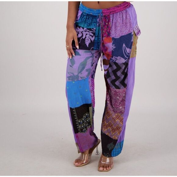Ananta Patchwork Floral Multicolor Made in India Kantha Pull On Pants One Size - Picture 2 of 7
